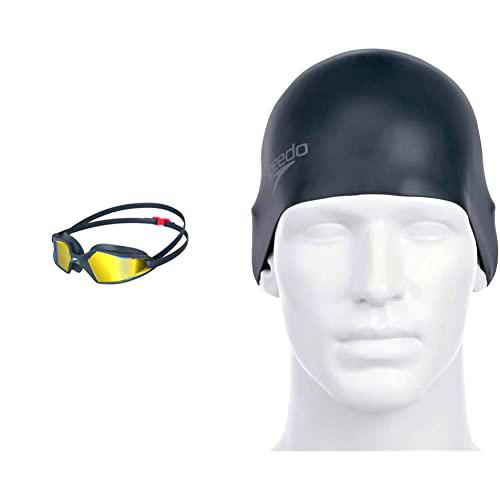 Speedo Gafas Hydropulse Mirror adulto unisex, Azul marino/Gris óxido/Azul &amp; Plain Moulded Silicone Cap